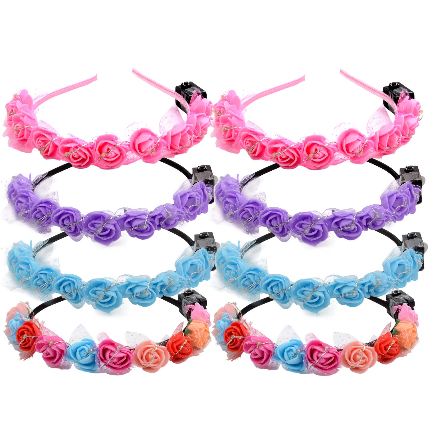 Legendog 8PCS Led Headband, Fashion Faux Flower Headbands for Women, Light Up Flower Headband, Led Flower Headband for Kids Teens Girls Women Birthday Wedding Holiday Christmas Halloween Party