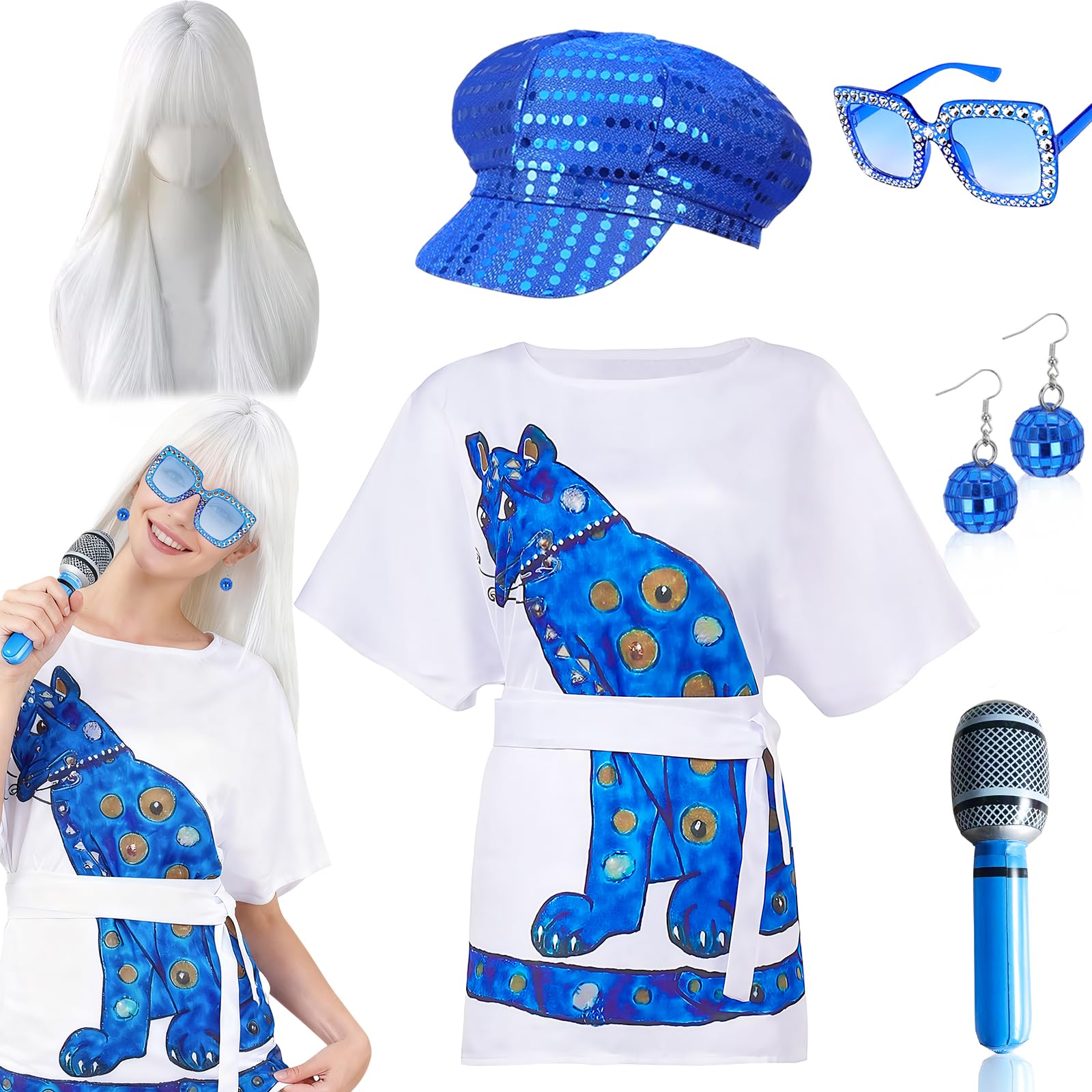 6Pcs Abba Costumes accessories kit for Women, 70s Disco Fancy Dress Kit with 70s Vintage Dress Glasses Disco Ball Earrings Inflatable Microphone for Adult Girls Retro 70 Theme Party Birthday Dance