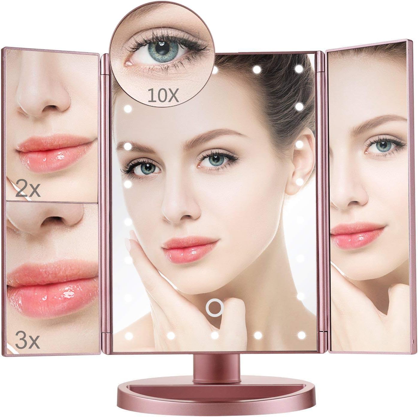 Makeup Mirror,Aiskki 10X/3X/2X/1X Magnification Mirror,180° Adjustable Rotation Vanity Mirror,Trifold Vanity Mirror,22 LED Lights,Touch screen adjustment brightness,Dual Power Supply Cosmetic Mirror