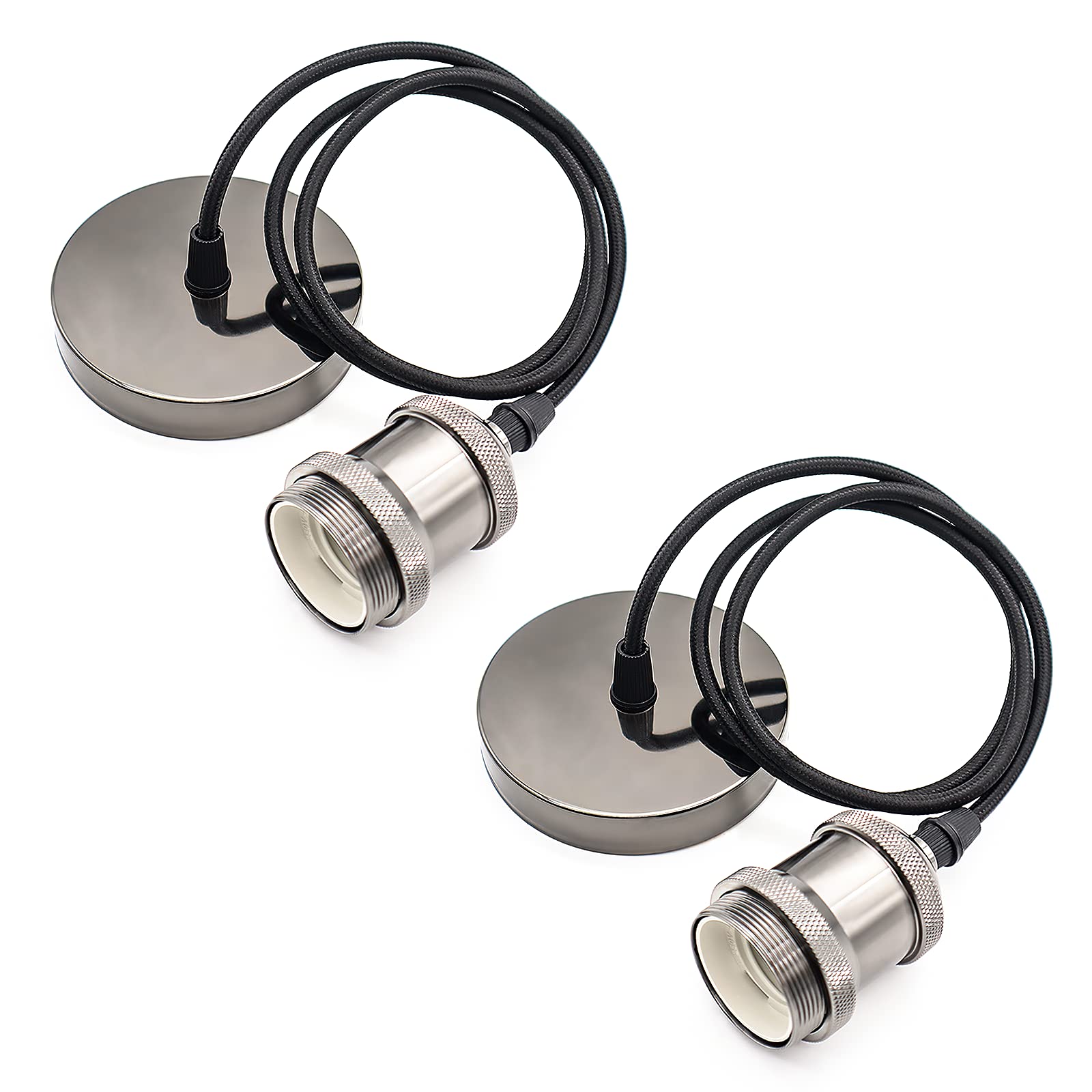 ZHIQIN 2 Pack Black Ceiling Rose Metal Ceiling Pendant Kit with 100cm Cable E27 Screw Lamp Holder with Lock Ring Cable Modern Ceiling Fitting Set for Kitchen Dining Room Ceiling Lights (F)