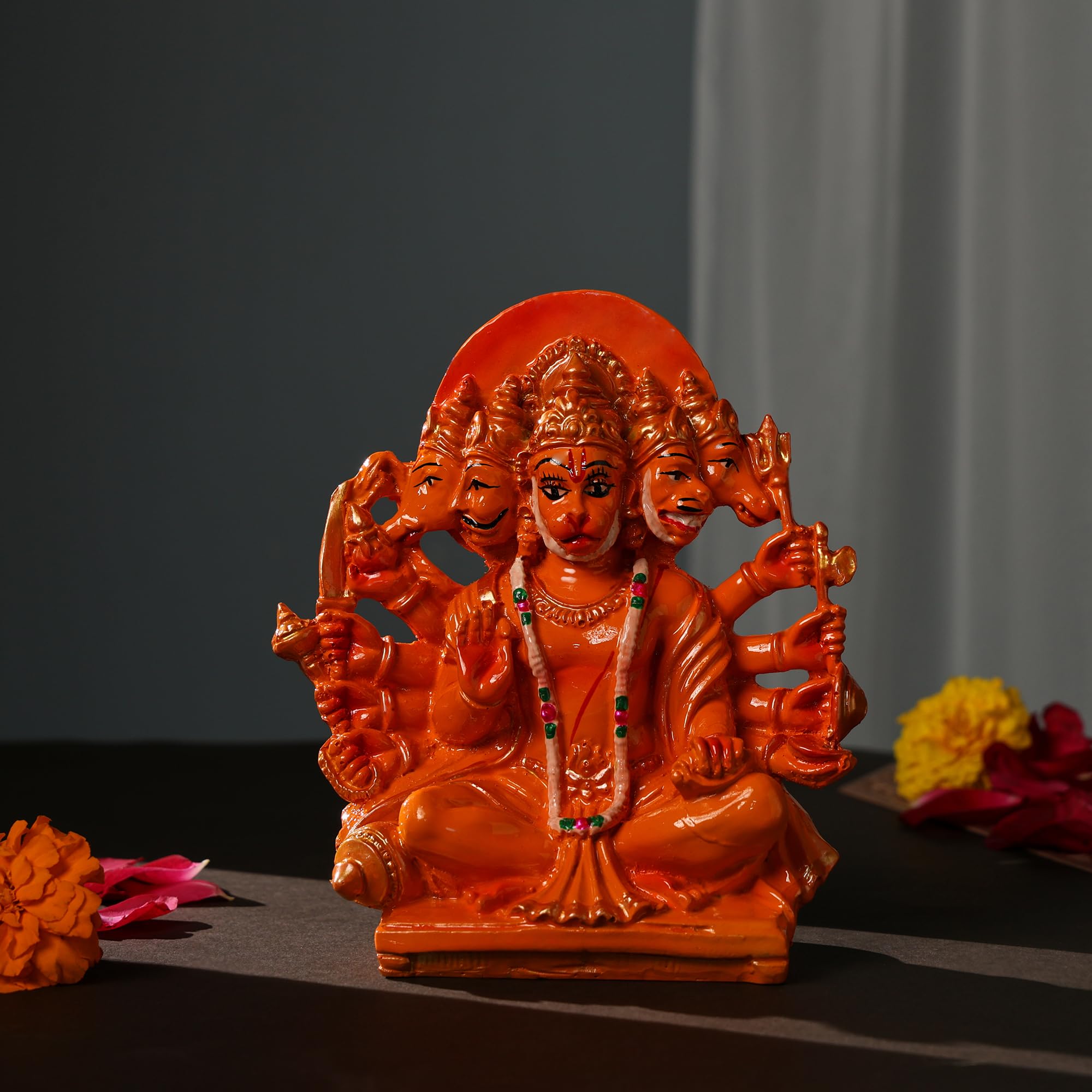 Purpledip Resin Idol Hanuman (Bajrangbali) In Panchmukhi Avatar: Saffron Colour Collectible Statue (12401A)