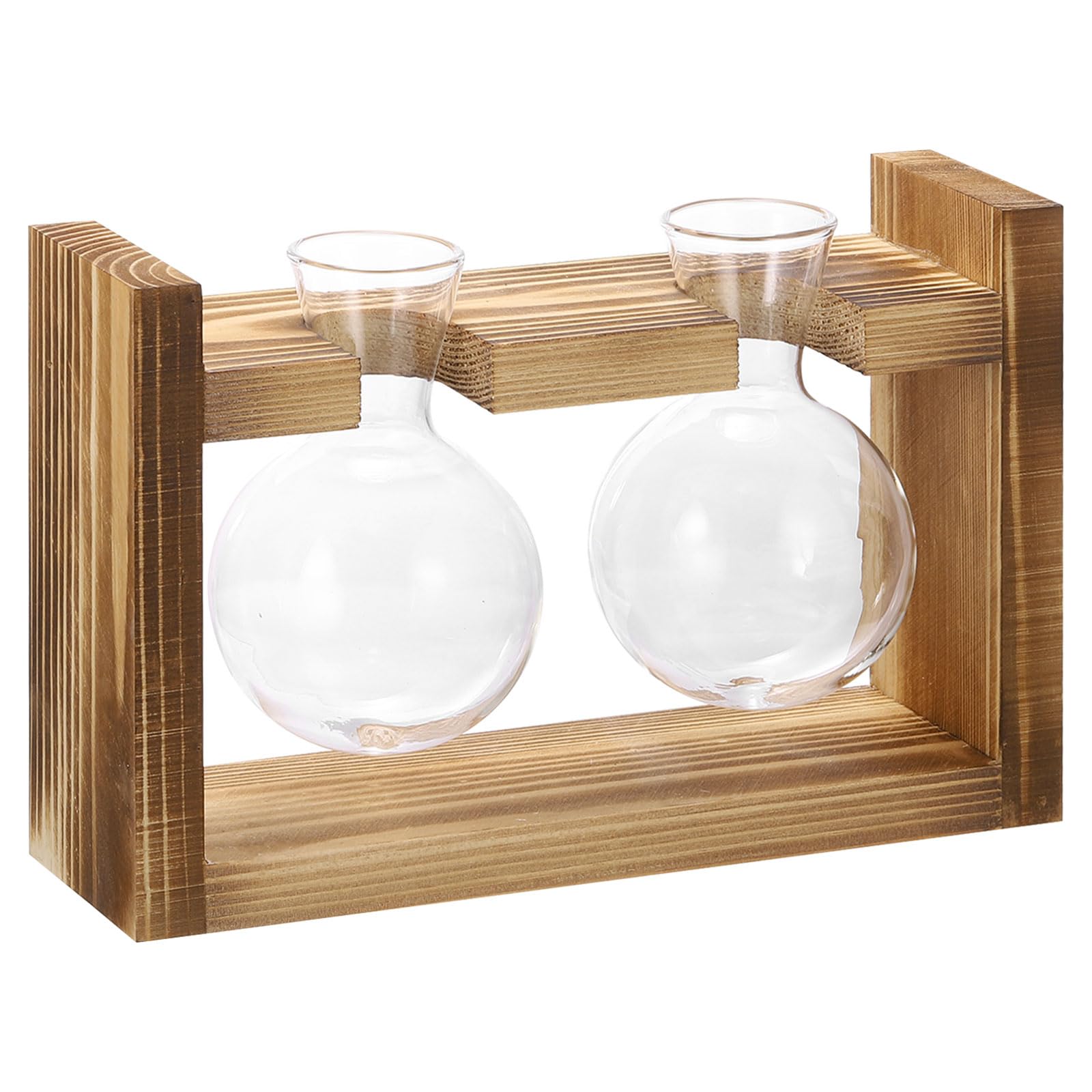 PATIKIL Propagation Vases for Plants with Wooden Stand, Glass Vase for Home Office Desktop Decor Housewarming Gifts, Wood Color (2 Bulb)