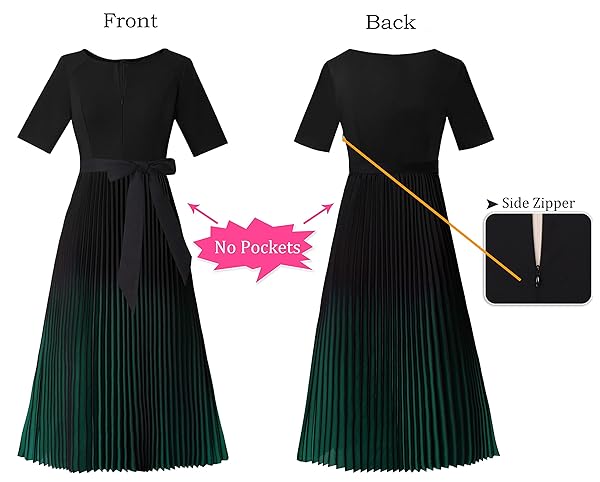 VFSHOW WOMENS PLEATED FRONT ZIPPER BELTED BUSINESS OFFICE CASUAL PARTY A-LINE BLACK OMBRE GREEN MIDI DRESS 10346 GRN XL