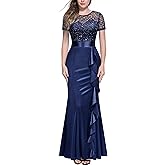 Miusol Women's Elegant Sequin Lace Contrast Ruffle Style Formal Evening Long Dress