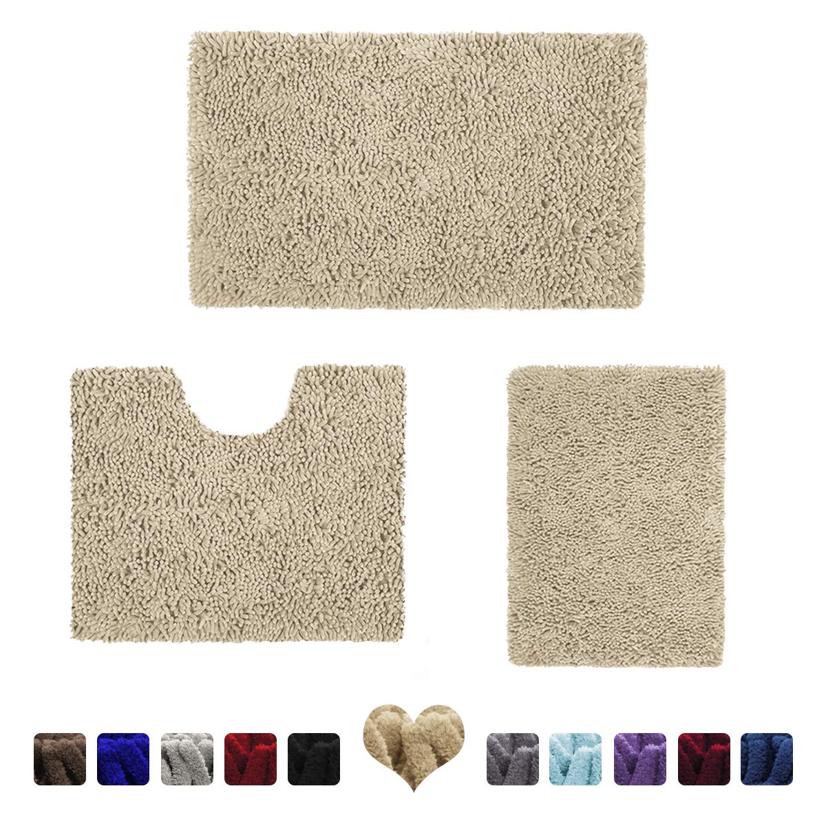 HOMEIDEAS 3 Pieces Bathroom Rugs Set Beige, Luxury Soft Chenille Bath Mats Set, Absorbent Shaggy Bath Rugs & Slip Resistant Plush Carpets Mats for Tub, Shower, Bathroom