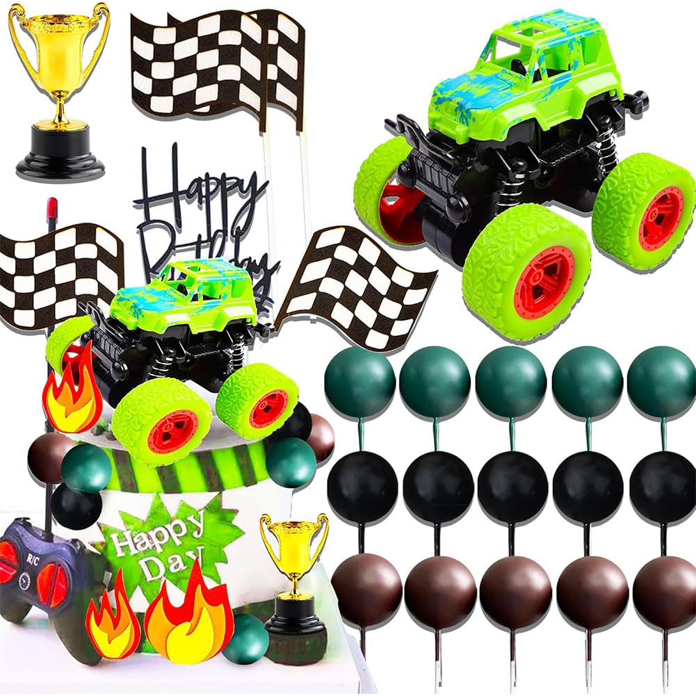 Green Monster Cake Decoration Racing Car Cake Topper Set with Monster Truck Decor + Trophy, Flame & Checkered Flag Cupcake Toppers, Birthday Cake Decor for Boy’ Racing Themed Parties (Green)