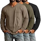 Ficerd 3 Pack Men's Big and Tall V Neck Shirts with Pocket Long Sleeve Plus Size Tops Basic Casual Loose Fall Tee
