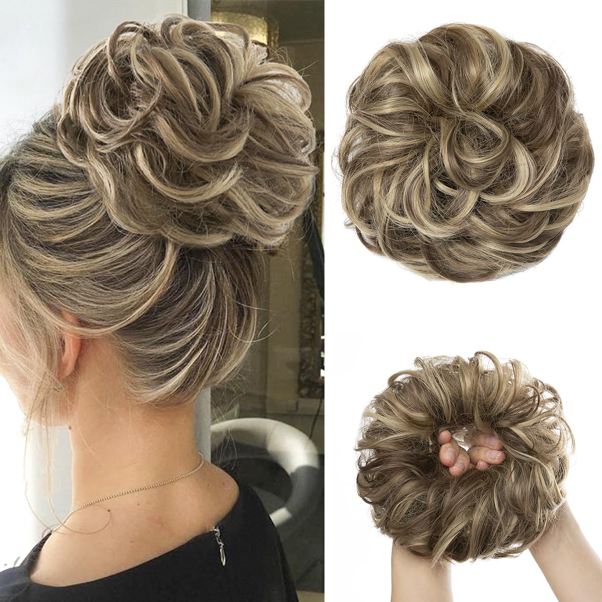 SARLA Messy Bun Hair Piece for Womens Synthetic Scrunchies Buns Extension Hairpieces Updo Pony Tail Brunette/Ash Blonde — image 1
