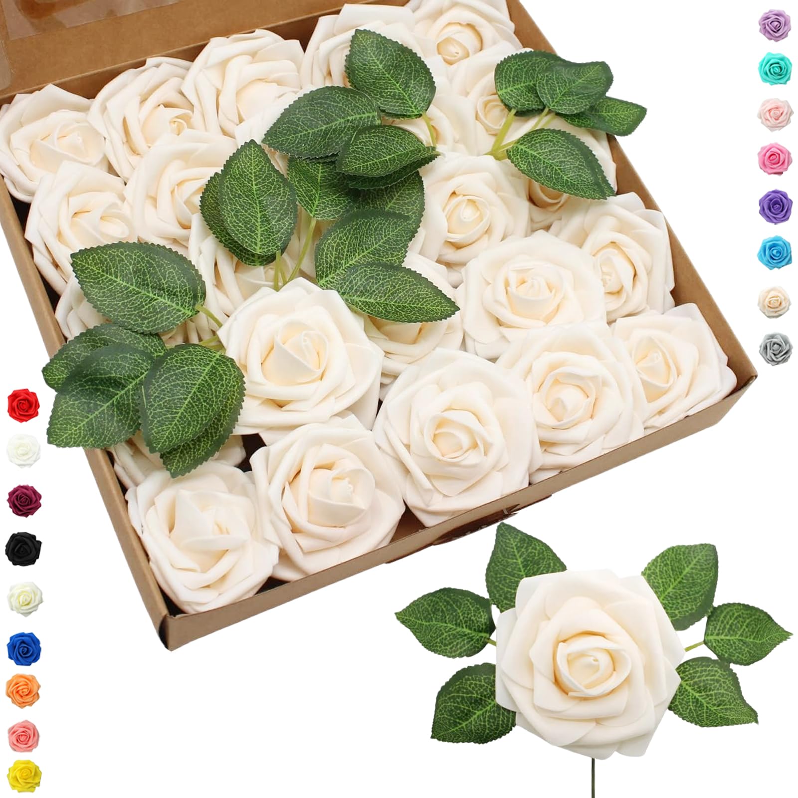 25pcs Faux Champagne Roses Artificial Flowers Roses,Real Touch Foam Roses Fake Flowers Artificial Roses Bulk with Stem for Wedding Decor,Bridal Shower Crafts Home Baby Shower Valentines Day Decoration