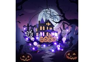 amadecohome Lighted Halloween Wreaths for Front Door, Welcome Metal Wooden Door Wreath Decor Hanging Sign, 30 LED Lighted Wall Decor Battery Operated for Halloween Indoor Outdoor (Pumpkin)