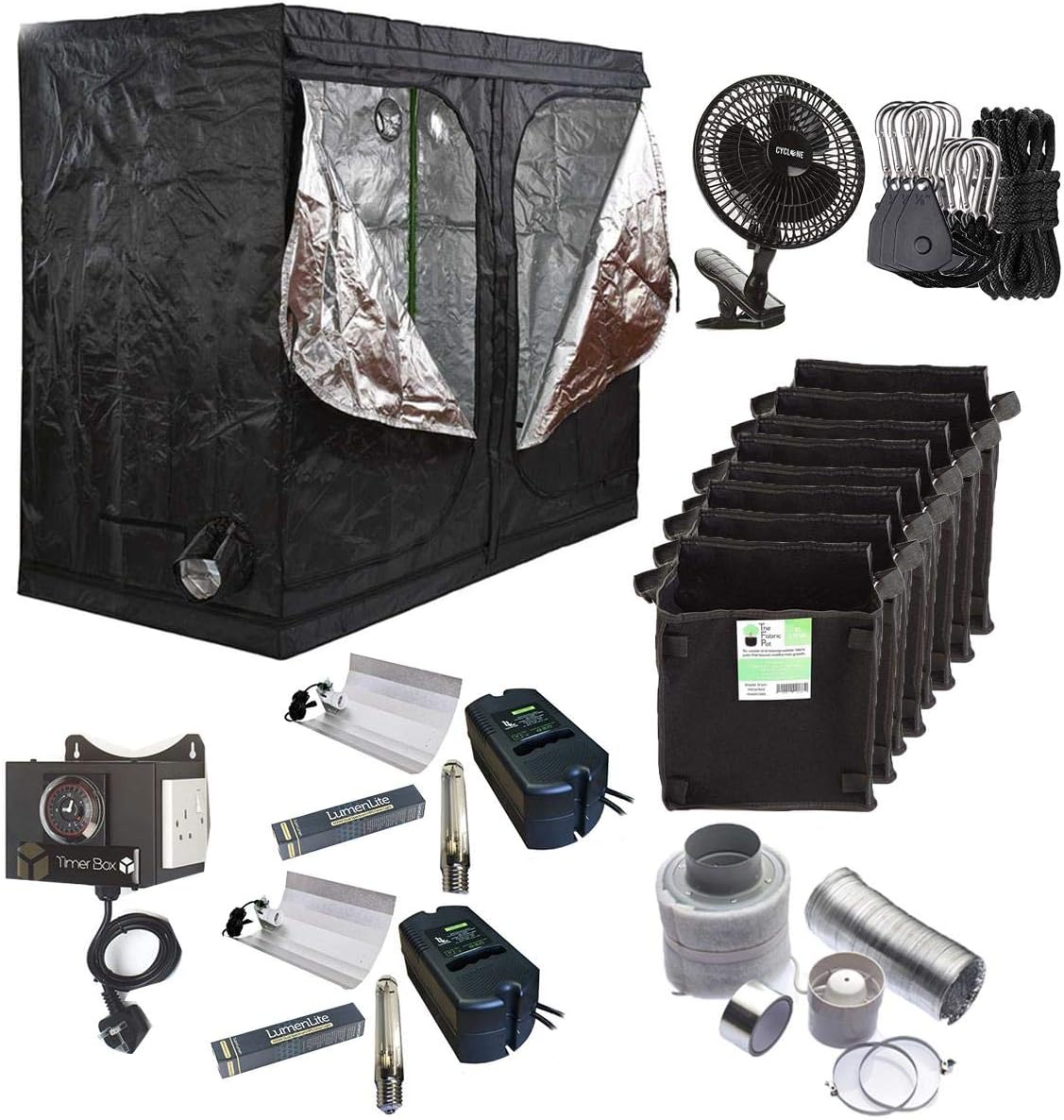 Complete Grow Kit Full Setup - 2.4 x 1.2 x 2m Grow Tent - 6" Fan + Carbon Filter - 2X 600w Dual Spec Magnetic Grow Light Kit