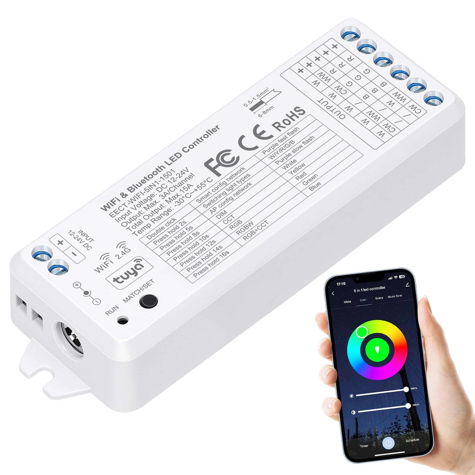 Photo 1 of EMITEVER WiFi Bluetooth 5-in-1 LED Controller Dimmable for DC12-24V PWM Single Color/CCT/RGB/RGBW/RGBCCT LED Strip Lights, Compatible with Tuya APP/Smart Life/Alexa/Google Home
