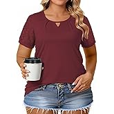 VISLILY Womens-Plus-Size-Summer-Tops Dressy Lace Short Sleeve T Shirts Casual Keyhole Crewneck Blouses Trendy Pleated Tunics