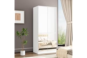FUFU&GAGA Wardrobe with Mirror Doors, White Bedroom Armoire with Shelves, Hanging Rod, Mirrored Closet Modern Clothes Storage Cabinet for Guest Room Cloakroom, 31.5”W x 19.7”D x 70.9”H