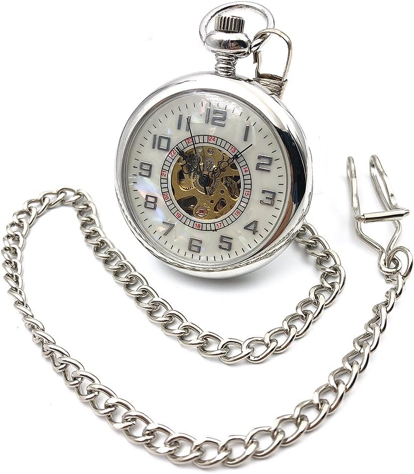 Open Face Silver Tone Skeleton Steampunk Arabic Number Dial Hand Wind Mens Mechanical Pocket Watch W/Chain Reloj De Bolsillo