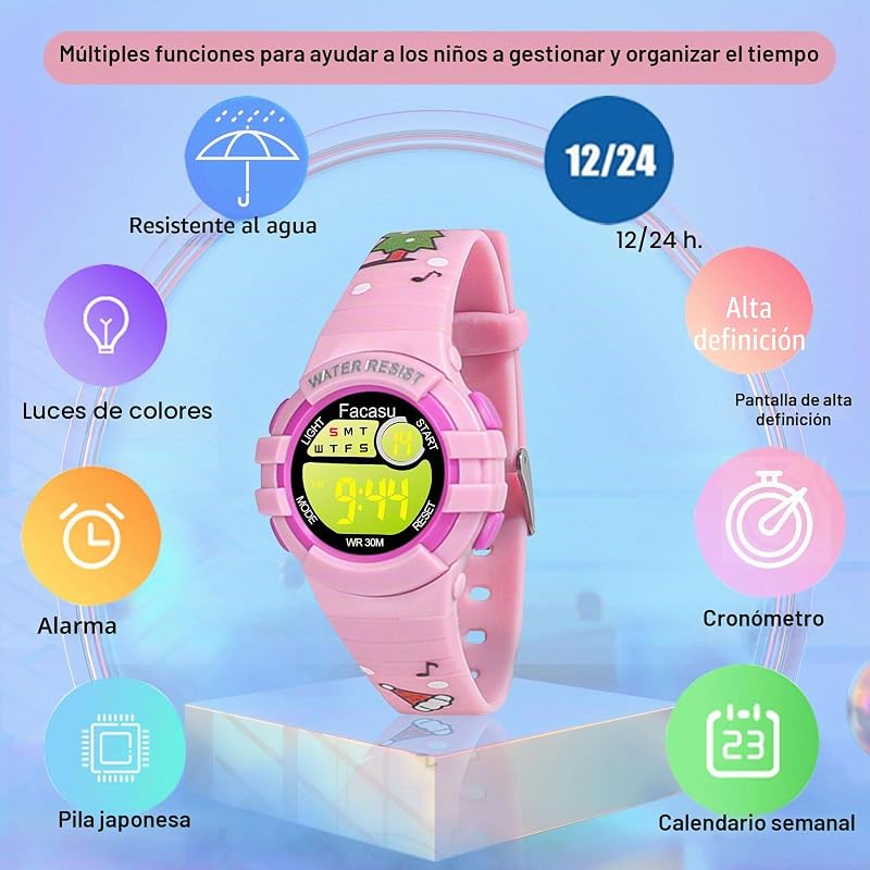 Reloj Digital Infantil Resistente al Agua, con Luces Coloridas para Deportes y Aire Libre, Cronómetro y Alarma, Regalo para Niños de 4 a 8 Años — foto 4 de 7