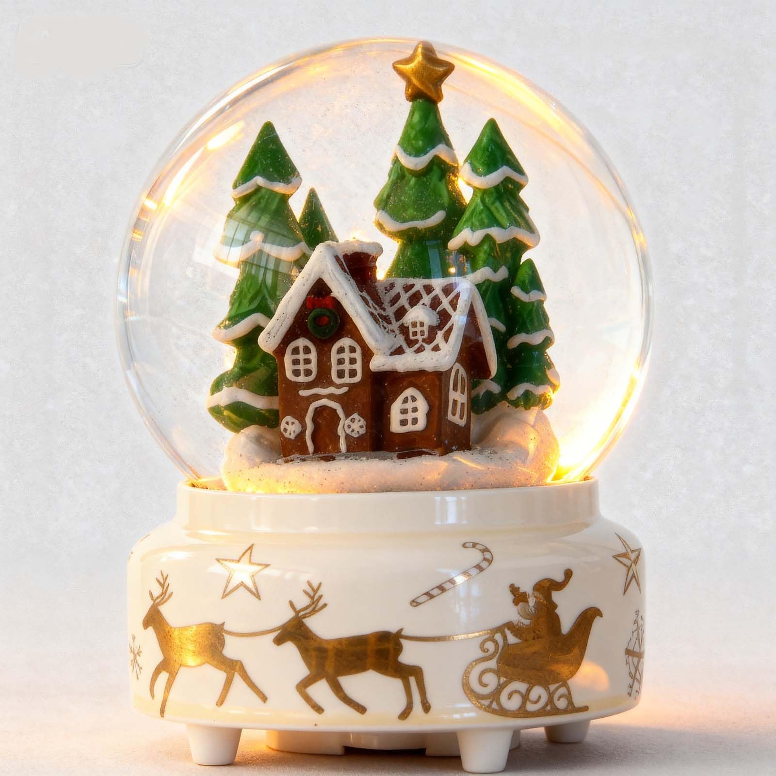 GIYBIGM 6.5Inch Height Christmas Snow Globe with Gingerbread Man House on Ceramic Base LED Light Musical Snowflakes Holiday Decoration, Holiday Home Decor, Large Illuminated Glitter Water Globe.