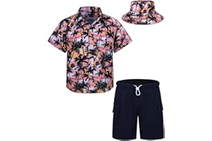 MOHEZ Boys Hawaiian Shirt and Short Set Summer Outfit Kids 2 Piece Clothes Set with Bucket Hat