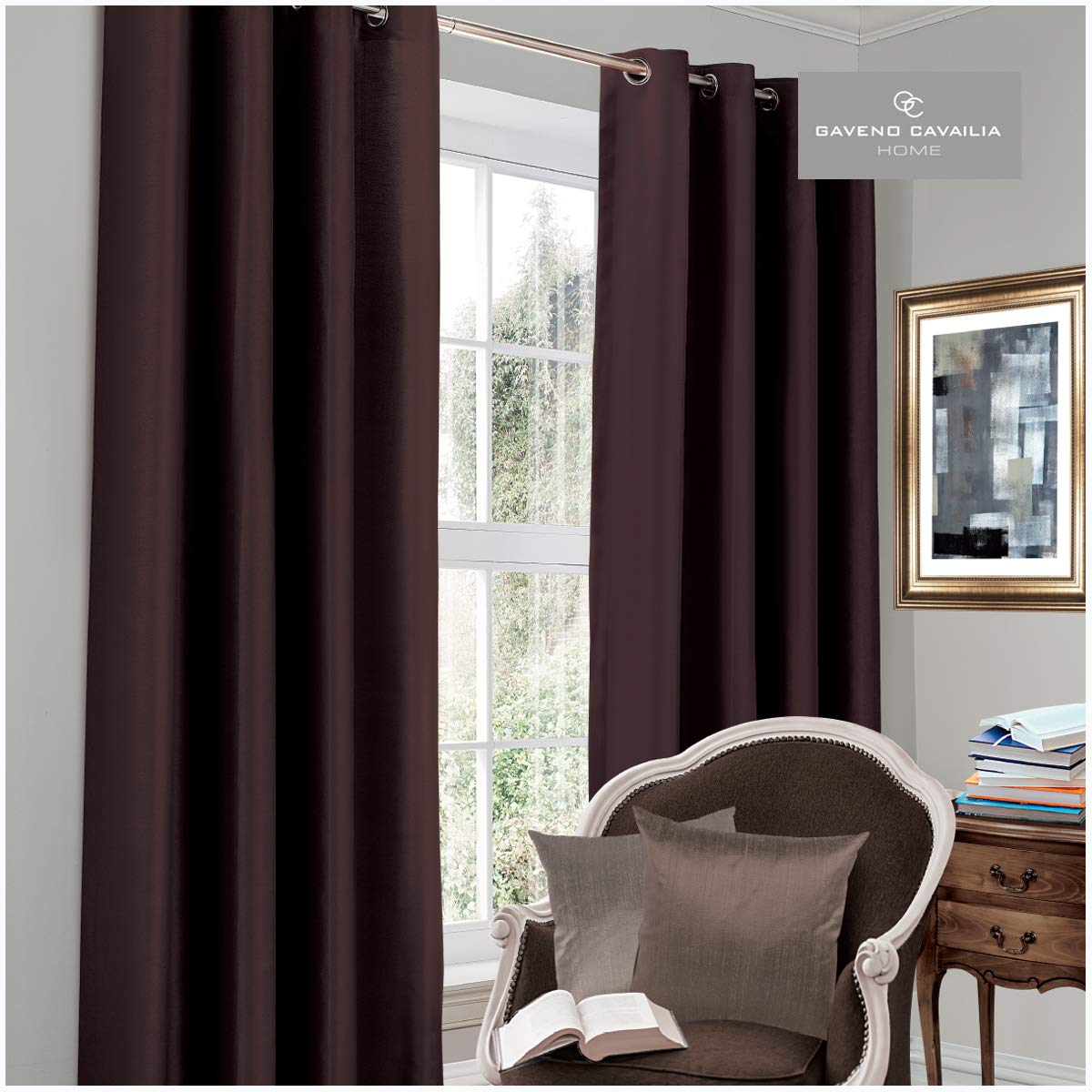 Gaveno Cavailia Luxury Thermal Fully Lined Pair of Eyelet BLACK OUT CURTAINS Chocolate 90x90 In