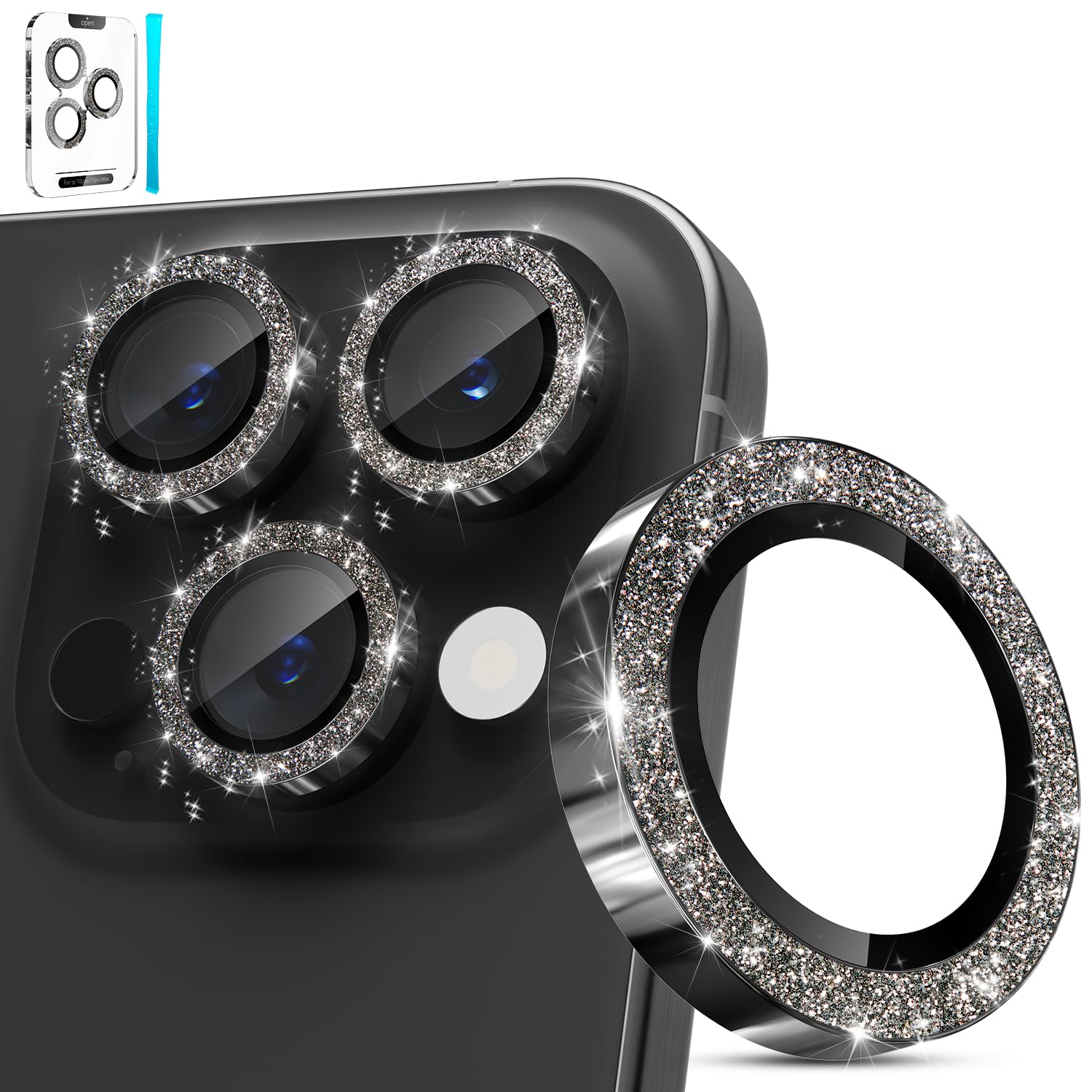 imluckies Glitter Camera Lens Protector for iPhone 16 Pro - iPhone 16 Pro Max, AR+AF Tempered Glass, 9H Ultra-Tough Metal Individual Lens Cover, HD Clear Camera Accessories - Bling Black