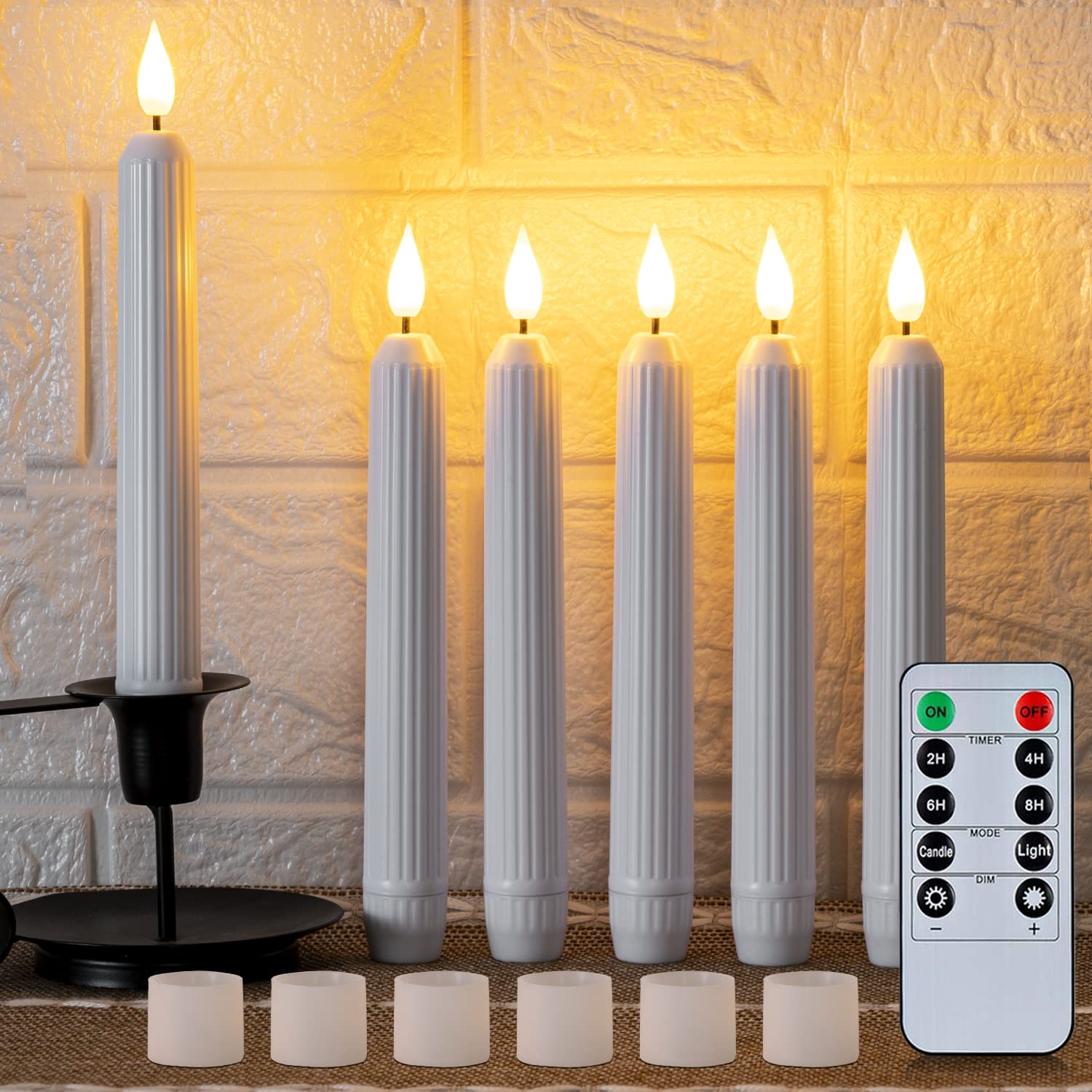 Photo 1 of 5plots White Flameless Taper Candles with Remote, Timer, Roman Column Led Taper Candles Battery Operated, Led Candlesticks with 3D Flame, Floating Flickering Candles for Halloween Christmas Decor