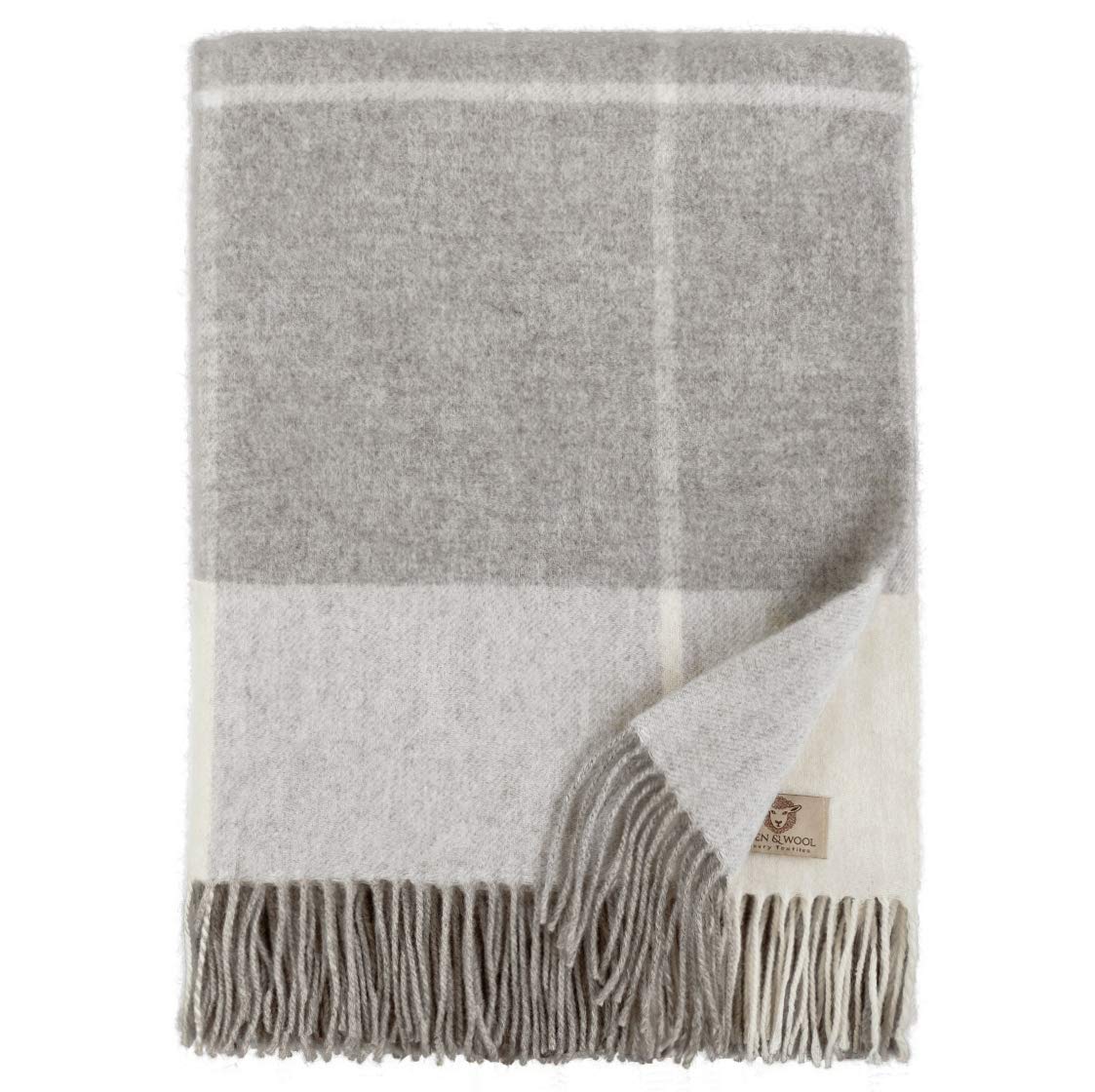 Linen & Cotton Soft Checked Throw/Blanket Olivia with Fringe - 100% Fine Merino Wool, Grau/White (140 x 200cm) Warm Knee Plaid for Sofa Bed Couch Settee Bedspread Single Double Lambswool