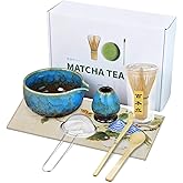 HEYMKGO Matcha Whisk Set 8 Pcs, Sapphire Blue Matcha Bowl with Spout, Bamboo Whisk & Holder, Scoop, Scoop Rest, Sifter, Bamboo Spoon & Tea Towel - Traditional Japanese Matcha Tea Ceremony Kit