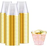 WELLIFE 200 PCS Gold Plastic Cups,9 oz Clear Plastic Cups,Disposable Wine Glasses,Plastic Cocktail Glasses for Party and Wedding