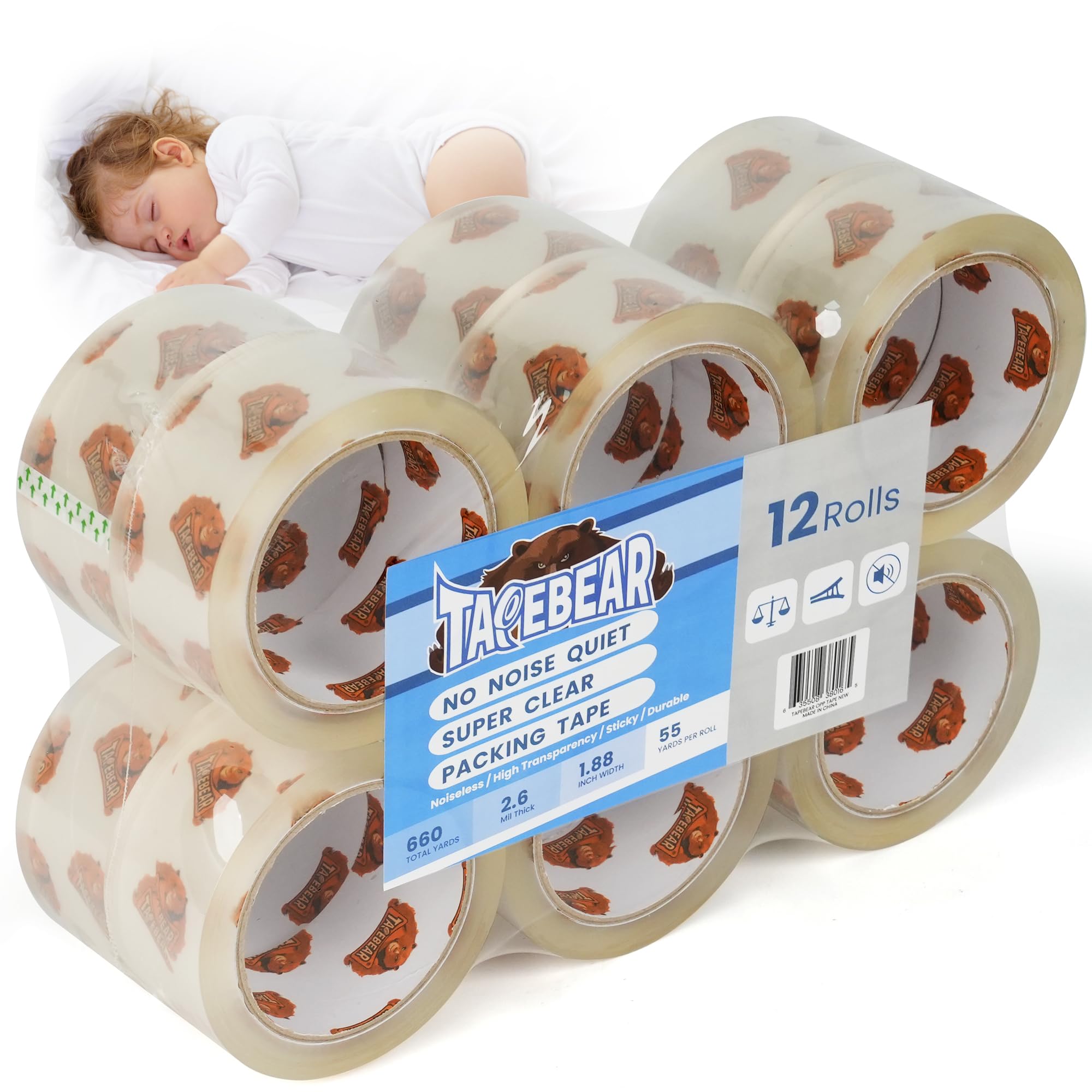 TAPEBEAR No Noise Packing Tape 12Rolls x 48mm x 55m Parcel Tape Upgraded High Transparency Packaging Tape Refills General Purpose for Packing Parcels, Boxes, Cartons, Postage, Moving House