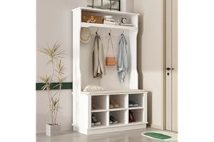 AIEGLE Entryway Hall Tree with Shoe Bench, 3-in-1 Hallway Hall Tree with Coat Rack, 6 Shoe Storage Cubes and 4 Hanging Hooks, White (39.8" L x 17.3" W x 67.1" H)