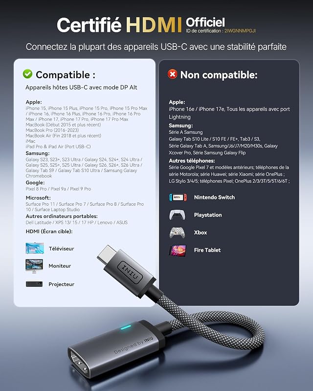 Adaptateur USB C vers HDMI, Certifié HDMI Officiel 4K@60Hz