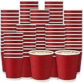 Funnymoom 200 Pack 8 oz Insulated Ripple Wall Paper Coffee Cups, Disposable Corrugated Hot/Cold Cups for Coffee, Tea & Cocoa,No Lids(Red)