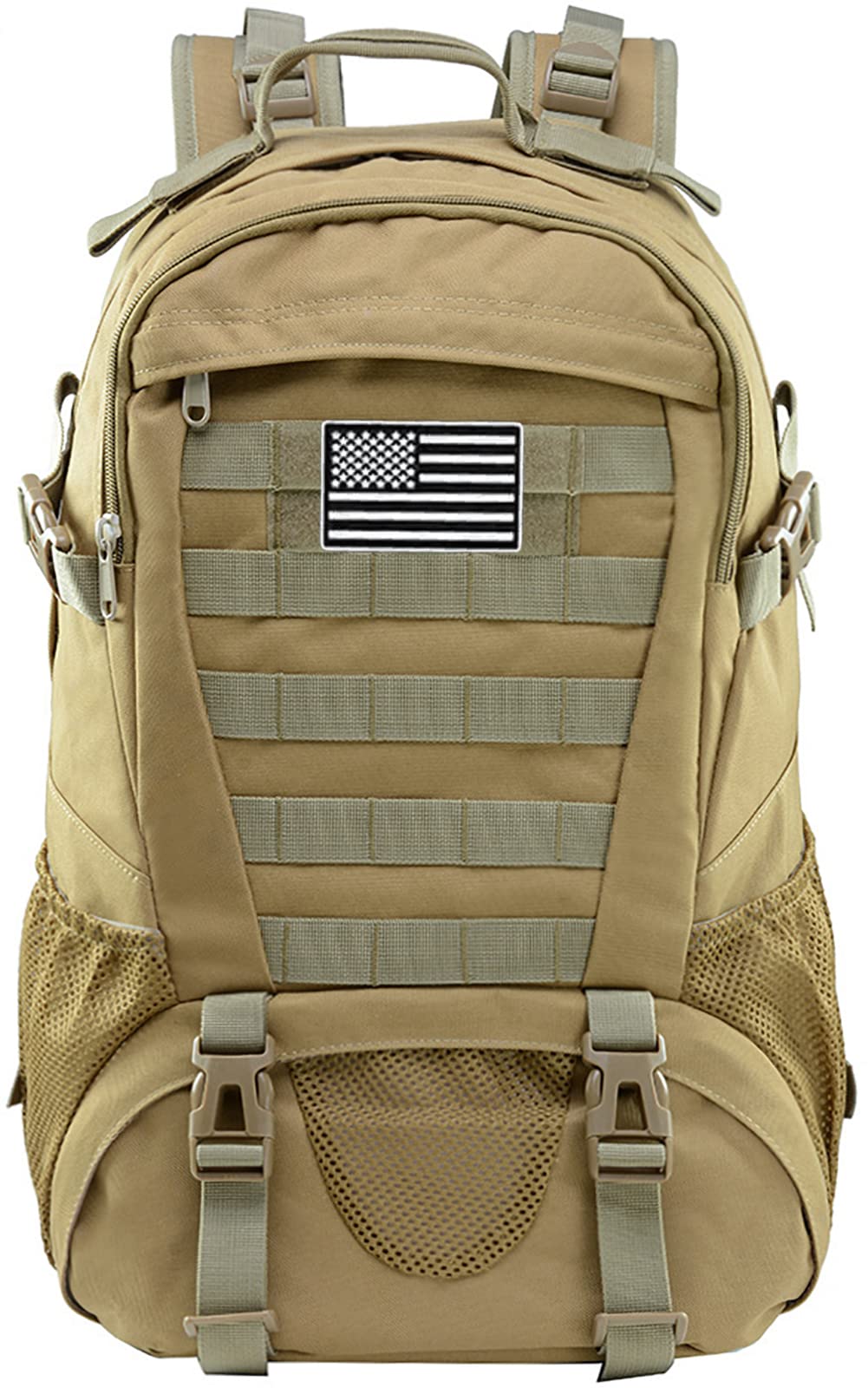 LIMHOO Tactical Backpack for Men Military Molle Bag Hiking Day Pack 27L Army Waterproof EDC Rucksack no USA Flag Patch (Khaki)