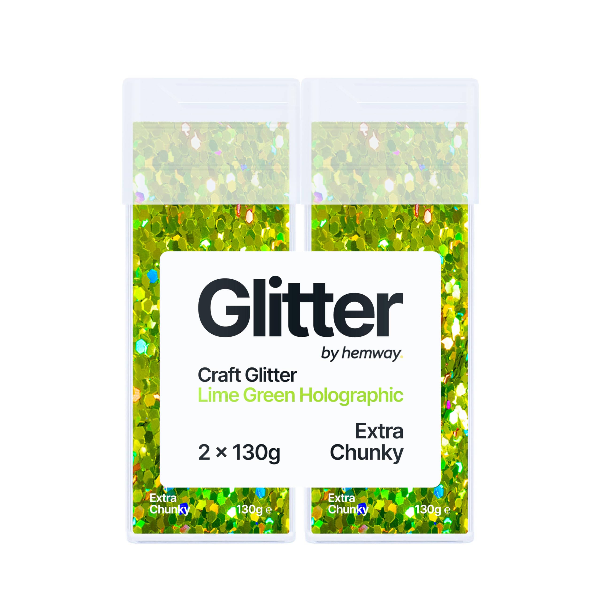 Hemway Glitter Shaker Lime Green Holographic 130g x2 Pack Extra Chunky, Craft Glitter Shakers for Resin & Epoxy Crafts, Christmas Art Supplies, Nail, Body, Face, Festival, Crafting, Slime, Sparkle