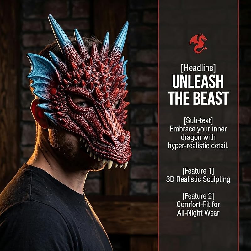 Halloween Drachen Maske, 3D Drachen Half Face Cosplay Dragon Animal Masks für Erwachsene Halloween Karneval Kostüm Party Requisiten - Purple