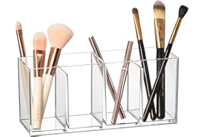 Amazing Abby - Glamour - Acrylic 4-Compartment Makeup Organizer, Transparent Plastic Makeup Brush Holder, Perfect Bathroom Vanity Storage Solution for Makeup Brushes, Eyebrow Pencils, and More