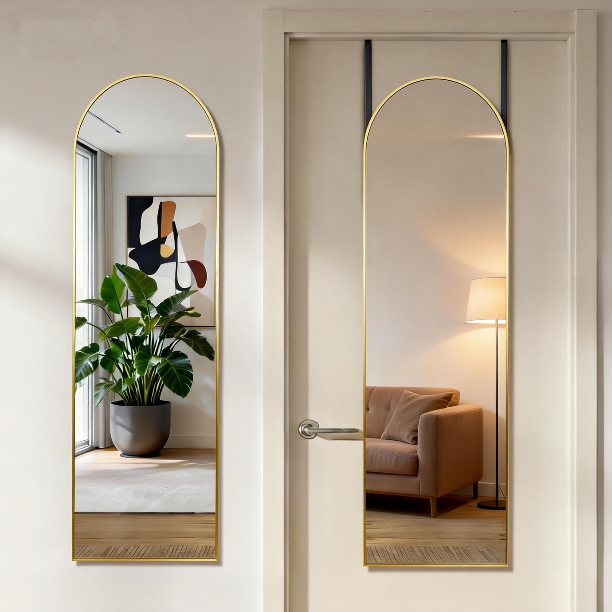 Aidoly 47"x14" Inch Arched Full Length Mirror, Upgraded Tempered Glass Door or Wall Hanging Mirror with Adjustable Height, No Drill Installation, Sturdy Hanging Design, Home Decor for Bedroom, Gold