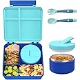 Bento Lunch Box with 8oz Soup Thermo, Leak-Proof Lunch Containers with 4 Compartment, Thermo Hot Food Jar and Insulated Lunch Box for School Blue