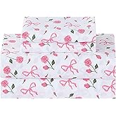 Softan Pink Floral Full Bed Sheets, Cozy Microfiber Flower Printed Sheets with 15" Deep Pocket Fitted Sheet & Non-Slip Straps, Patterned Pink Rose - Bow Sheets & Pillowcase Set