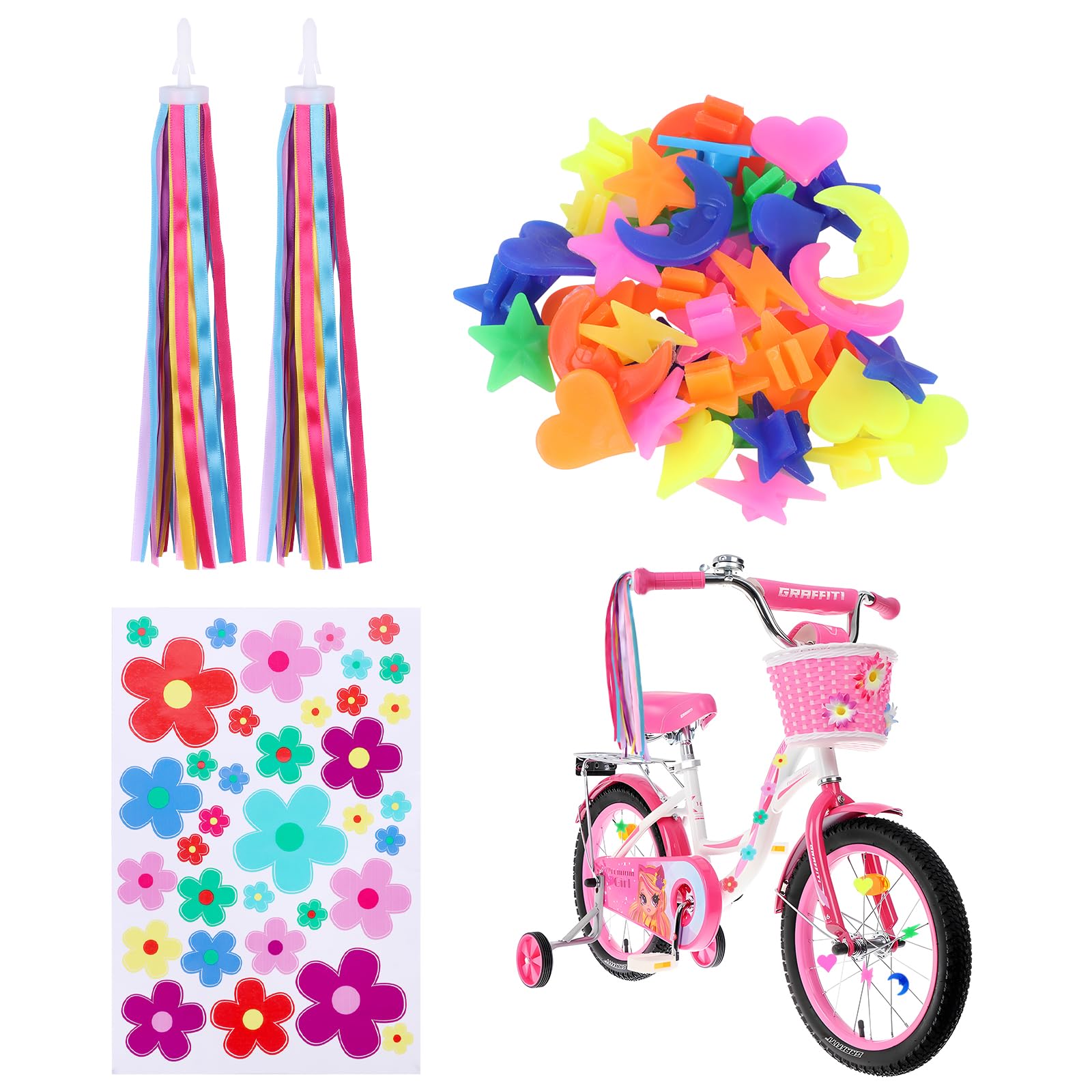 Kids Bike Streamers Bike Spoke Beads Bike Flowers Stickers Set, Kids Bike Accessories for Scooter's tricycle's bike's Handlebars, Colorful Ribbons Tassel for Girls Bike Decorations (Multi-coloured)