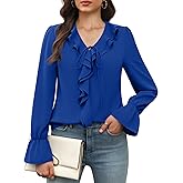 Funlingo Women's Long Sleeve Tops Dressy Casual V Neck Ruffle Tunic Chiffon Blouse Fall Trendy Work Shirts