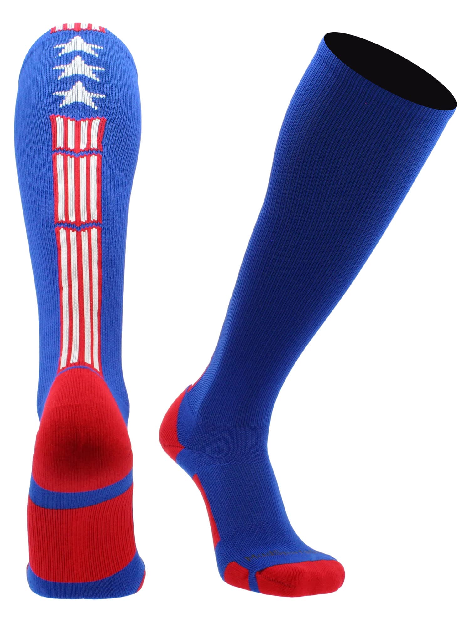 MadSportsStuff Calcetines Patriot Stars and Stripes con bandera de Estados Unidos sobre la pantorrilla (real/rojo/blanco, pequeño)