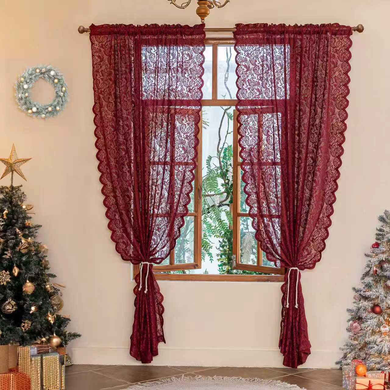 ALIGOGO Wine Red Lace Curtains 108 Inche Long Set of 2, Modern Sheer Burgundy Curtains for High Ceiling Dining Room, French Romantic Rod Pockert Privacy Window Treatments Neutral Decor, 52x108 Image