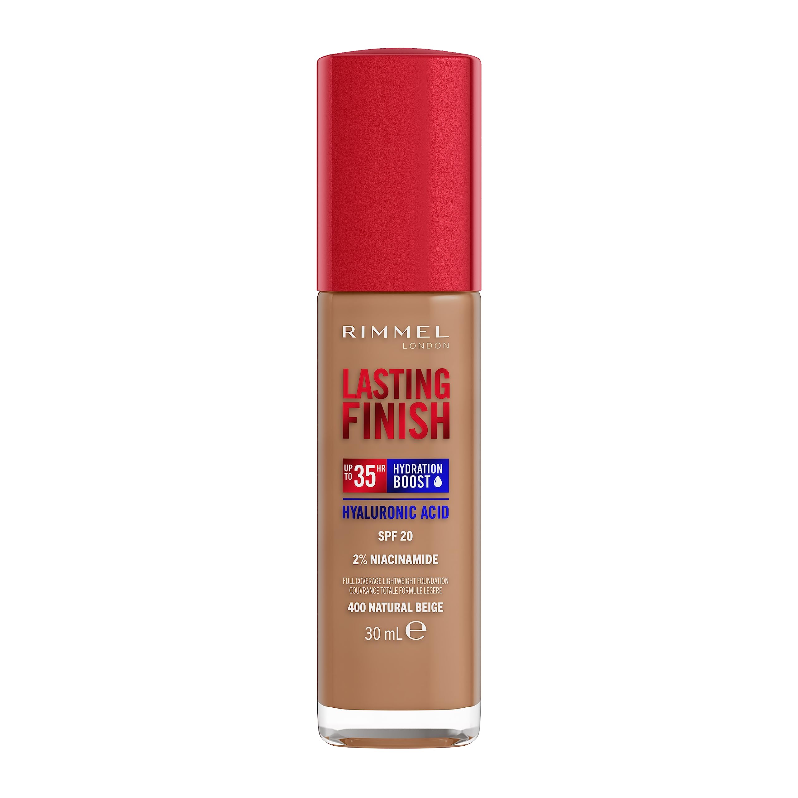 Rimmel Lasting Finish 35Hr Foundation 400 Natural Beige, Full Coverage, Hydrating, SPF20, Hyaluronic Acid, Vitamin E, 2% Niacinamide, All Day Wear, Vegan, Cruelty Free