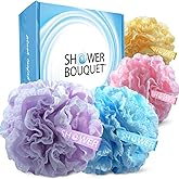 Loofah-Bath-Sponge Lace-Mesh-Set >> 2-Scrubs-in-1 by Shower Bouquet: Large Full 60g Pouf (4 Pack Spa Colors) Body Luffa Loofa