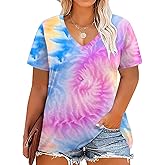 DOLNINE Womens Plus Size Tops Tie Dye Casual V Neck Summer Short Sleeve Loose Fit Shirts XL-5XL