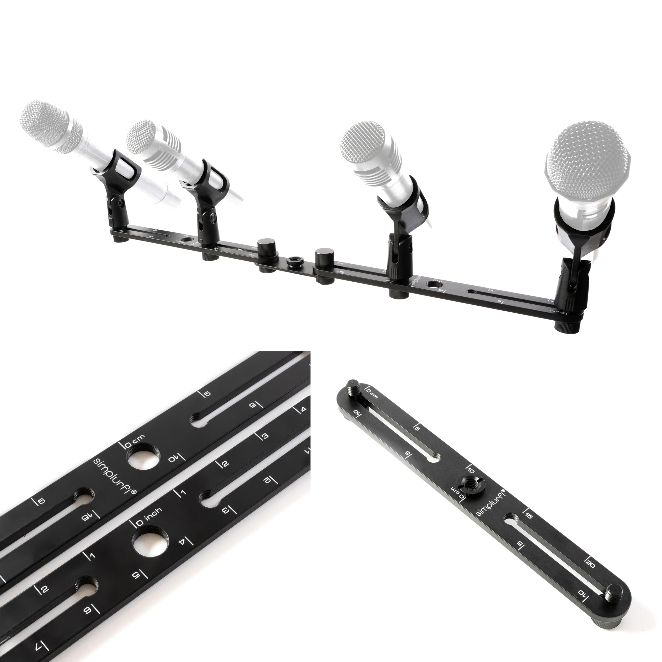 Simplurfi Stereo Array Spacing Bar Microphone Mount with Ruled Markings - Holds Up to 4 Mics - X-Y and ORTF Mic T-Bar Bracket, Fits 3/8" and 5/8" Mic Stands with Included Adapter