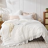 JOLLYVOGUE White Comforters Queen Size, 3 Pieces Ruffle Seersucker Queen Comforter Set for All Season, Lightweight Soft Shabby Chic Bedding Sets for Women(1 Comforter, 2 Pillowshams)