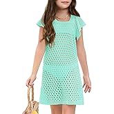 Haloumoning Girls Crochet Swim Cover Up Kids Ruffle Sleeve Hollow Out Summer Beach Dress 5-14 Years
