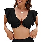 Jolefille Push Up Bikini Tops for Women U-Wired Padding Support Crop Tops Swimsuit Ruffle Sleeves Bathing Suits Top Only